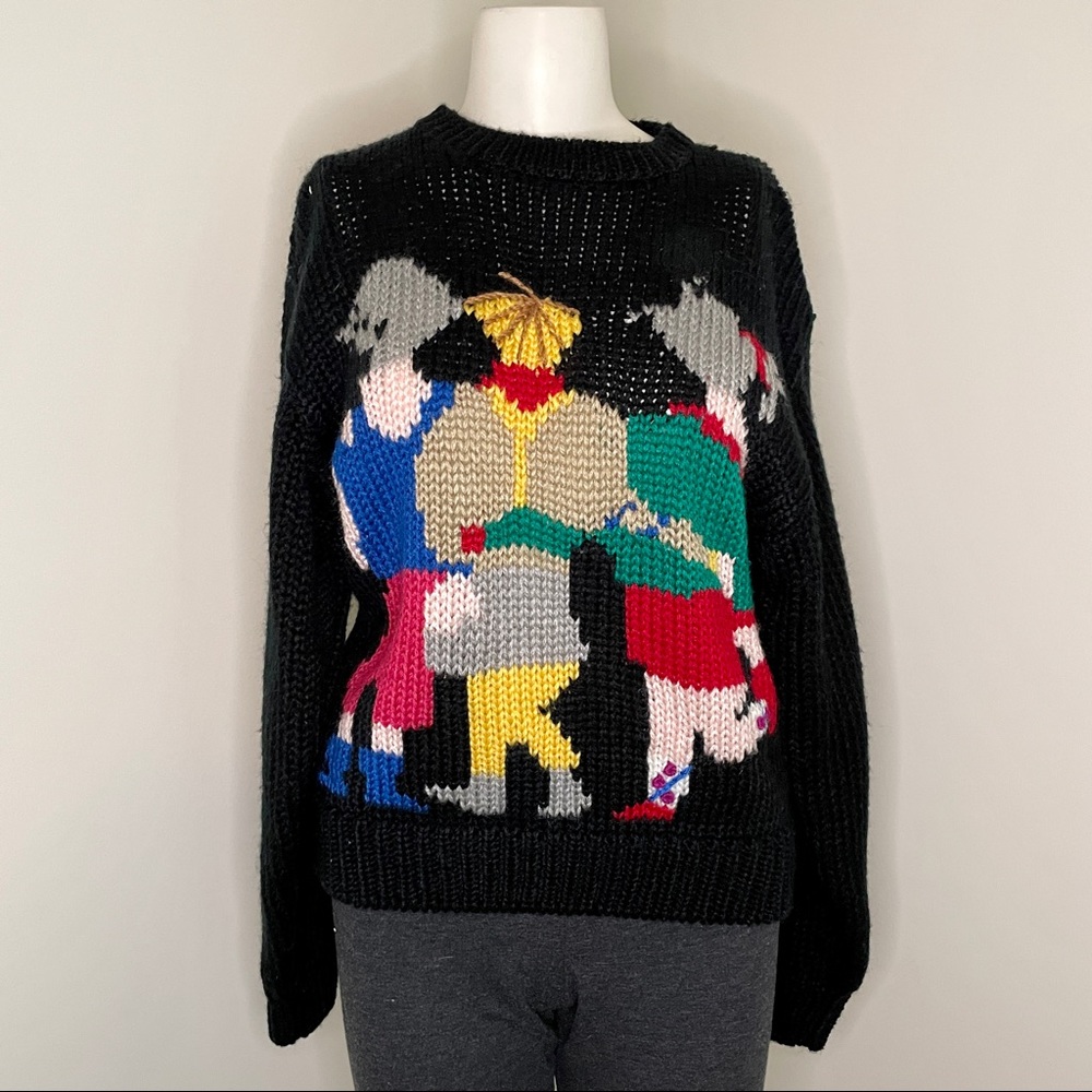 80s Hand knit sweater with 3 figures, Midnight Blues